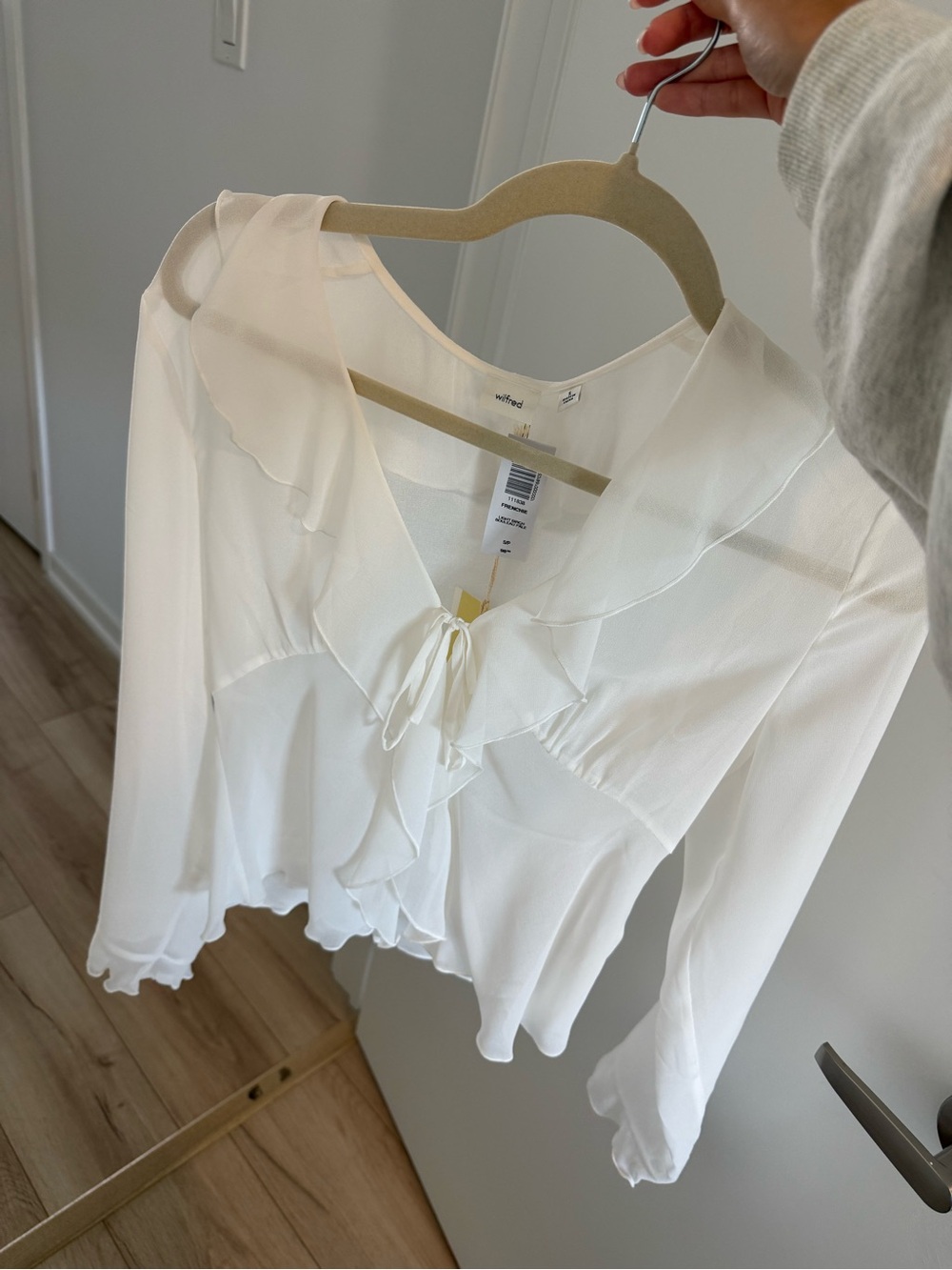 Aritzia Cream Ruffle Tie-Front Blouse